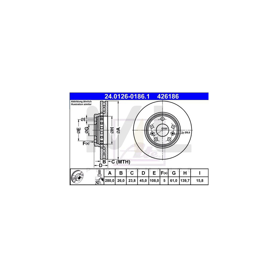 ATE 24.0126-0186.1 Brake Disc for RENAULT KANGOO Vented, Coated, High-carbon, with bolts/screws  - 1 piece