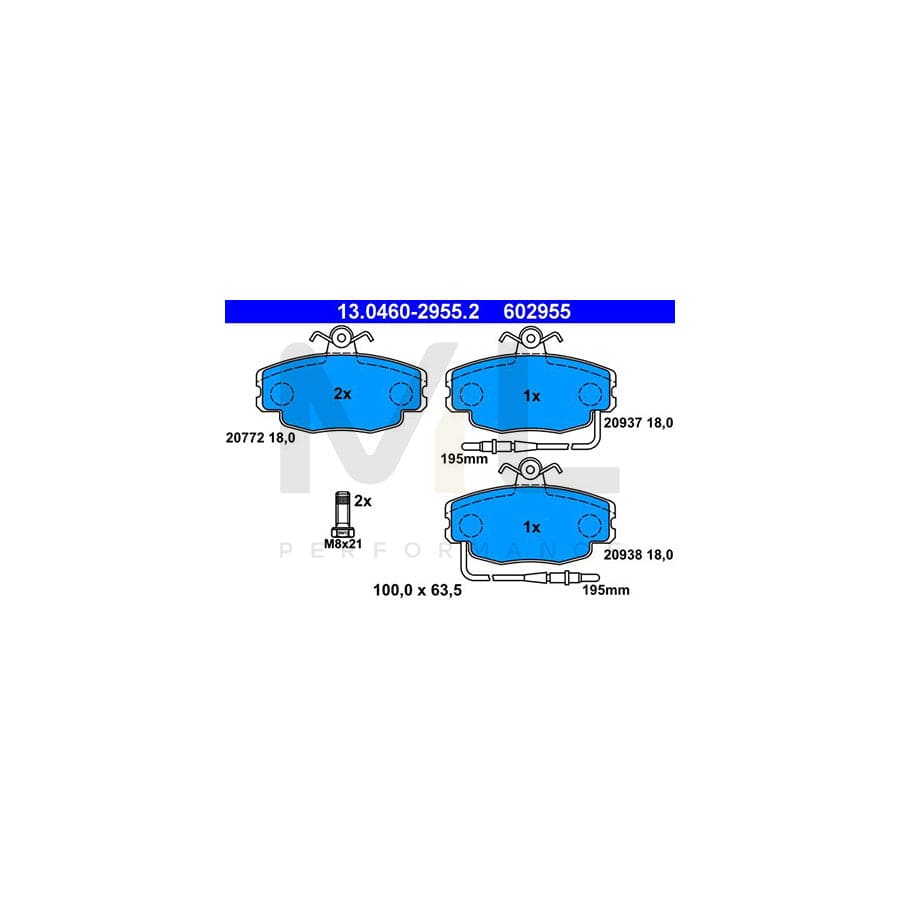 ATE 13.0460-2955.2 Brake pad set incl. wear warning contact, with brake caliper screws