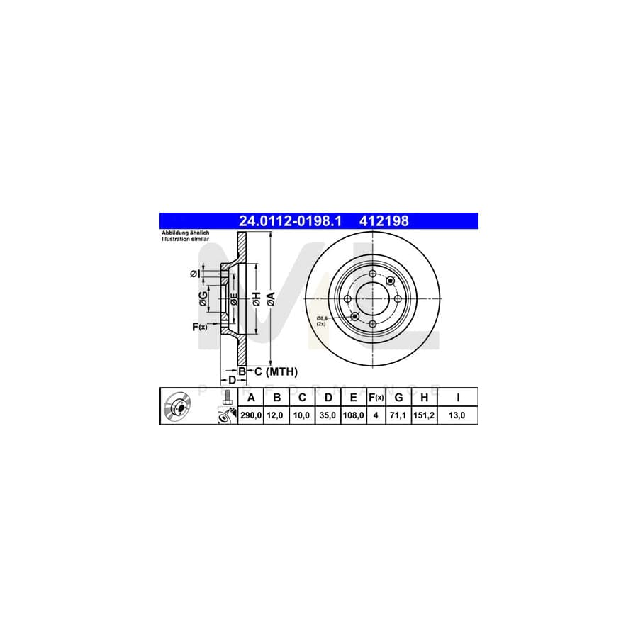 ATE 24.0112-0198.1 Brake Disc Solid, Coated, with bolts/screws  - 1 piece