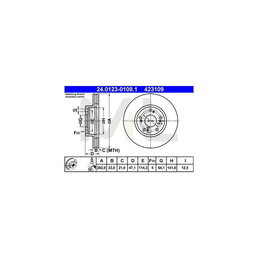 ATE 24.0123-0109.1 Brake Disc Vented, Coated, with bolts/screws  - 1 piece