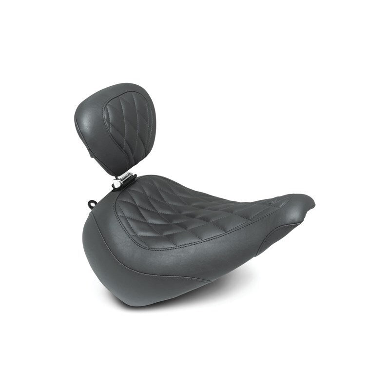Mustang Motorcycle Mustang 18-21 Harley Fat Boy Wide Tripper Solo Seat w/Driver Backrest Diamond Stitch - Black