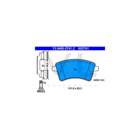 ATE 13.0460-2741.2 Brake pad set for RENAULT KANGOO excl. wear warning contact, not prepared for wear indicator, with brake caliper screws, with accessories