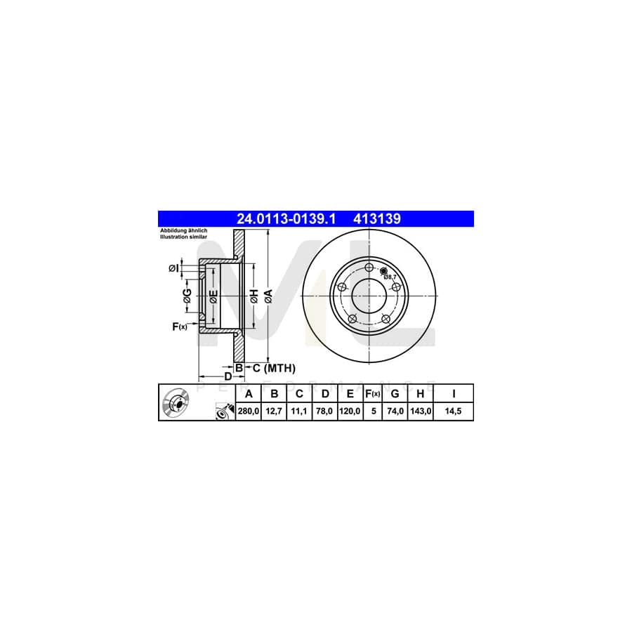 ATE 24.0113-0139.1 Brake Disc for BMW 5 Saloon (E12) Solid, Coated  - 1 piece