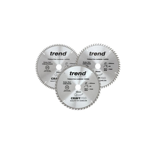 Trend TRECSB250P3 CraftPro Table Saw Blade 250 x 30mm x 48T/60T/84T (Pack 3)
