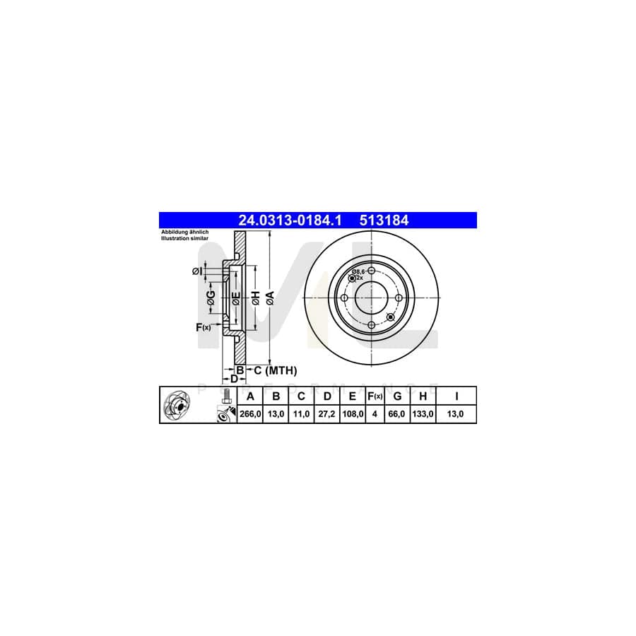 ATE PowerDisc 24.0313-0184.1 Brake Disc Solid, Coated, with bolts/screws  - 1 piece