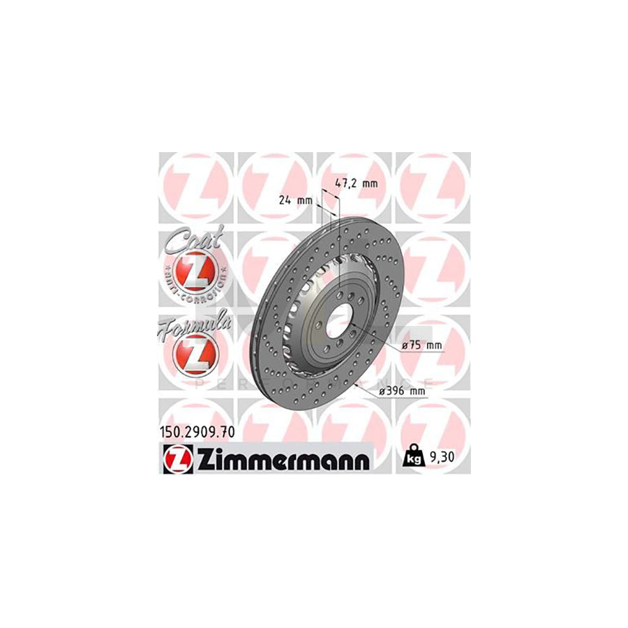 ZIMMERMANN FORMULA Z COAT Z 150.2909.70 Brake Disc Perforated, Two-piece brake disc, Vented, Coated, Alloyed / High-carbon
