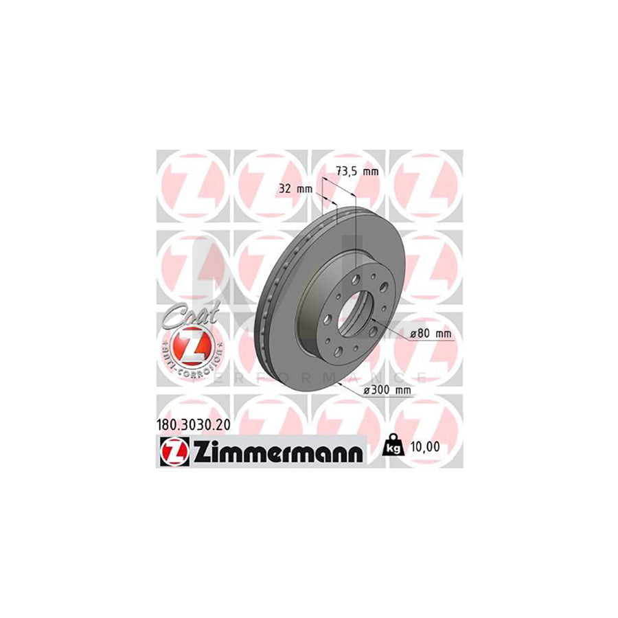 ZIMMERMANN COAT Z 180.3030.20 Brake Disc Internally Vented, Coated  - 1 piece