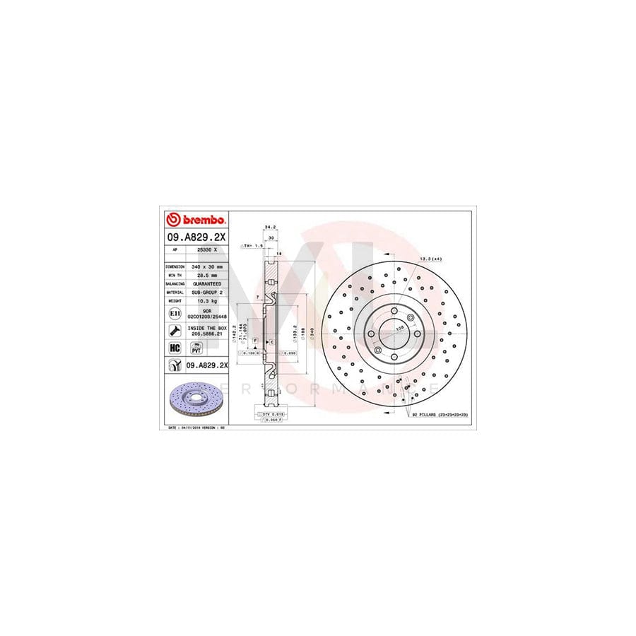 BREMBO XTRA LINE 09.A829.2X Brake Disc Perforated / Vented, Coated, High-carbon, with bolts/screws | ML Performance Car Parts