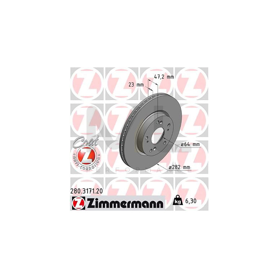 ZIMMERMANN COAT Z 280.3171.20 Brake Disc Internally Vented, Coated  - 1 piece