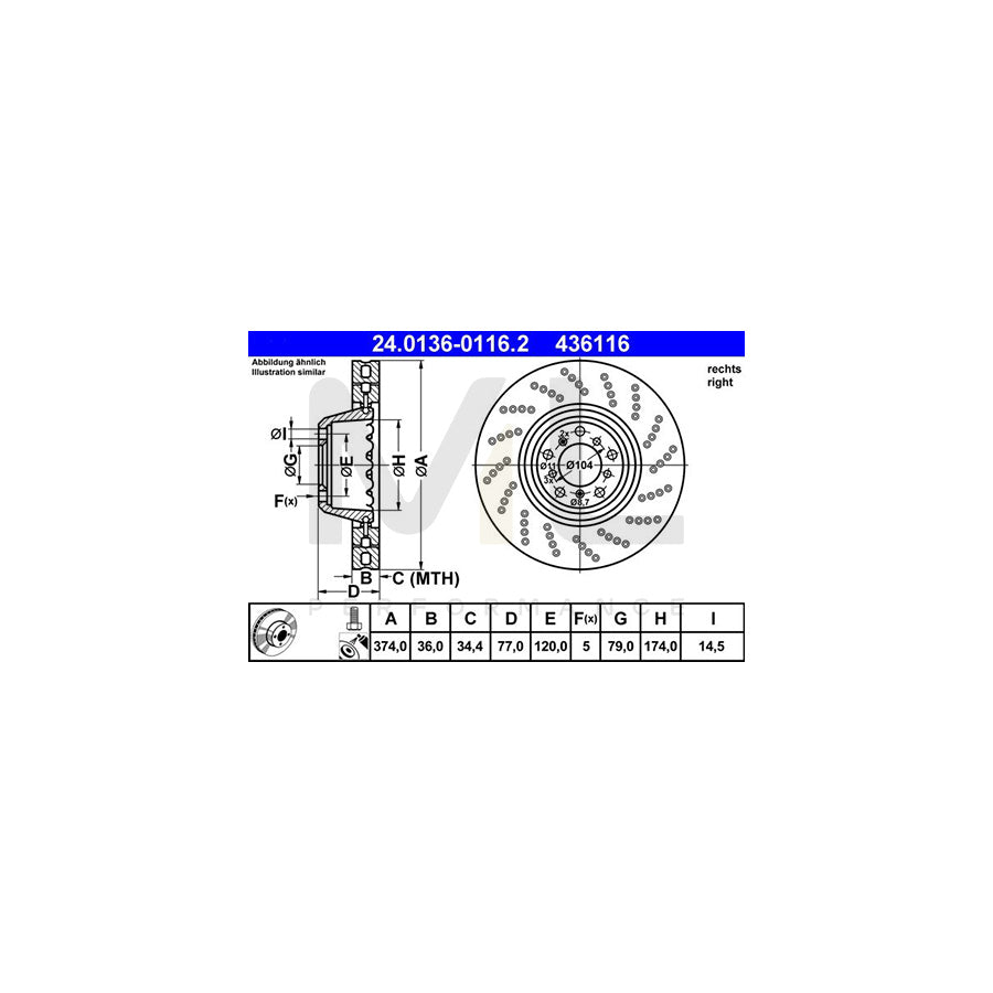 ATE 24.0136-0116.2 Brake Disc Perforated / Vented, Two-piece brake disc, Coated, High-carbon, with bolts/screws