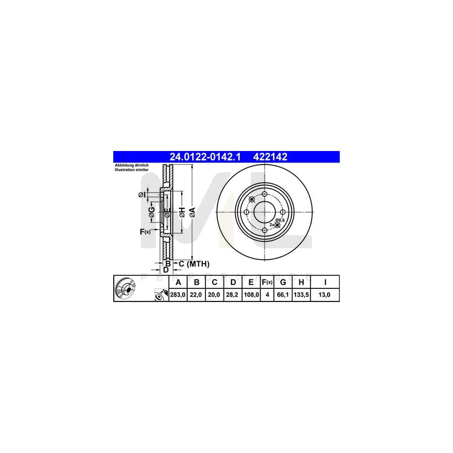 ATE 24.0122-0142.1 Brake Disc Vented, Coated, Alloyed / High-carbon  - 1 piece