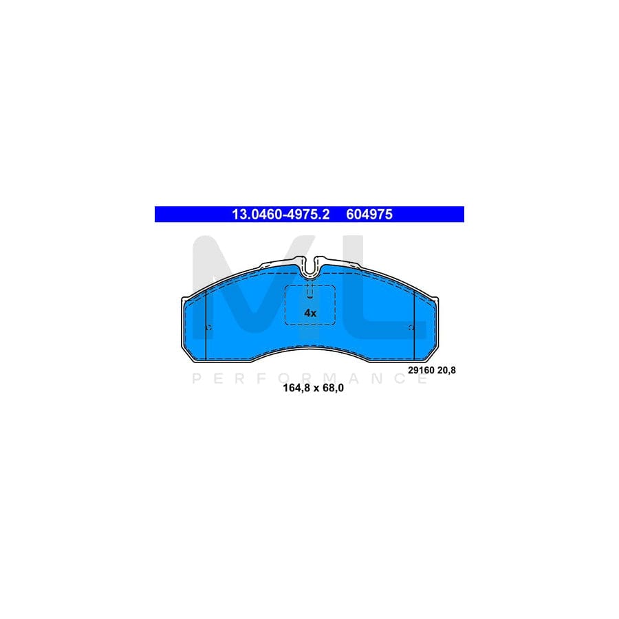 ATE 13.0460-4975.2 Brake pad set suitable for MERCEDES-BENZ Sprinter 5-T Platform/Chassis (W905) excl. wear warning contact, prepared for wear indicator, with brake caliper screws
