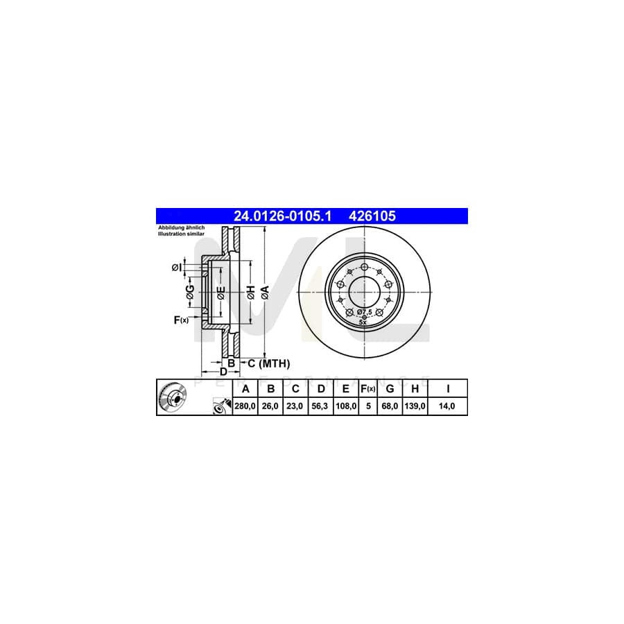 ATE 24.0126-0105.1 Brake Disc Vented, Coated  - 1 piece