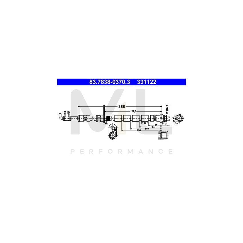 ATE 83.7838-0370.3 Brake Hose for FORD FIESTA 366mm, M10x1