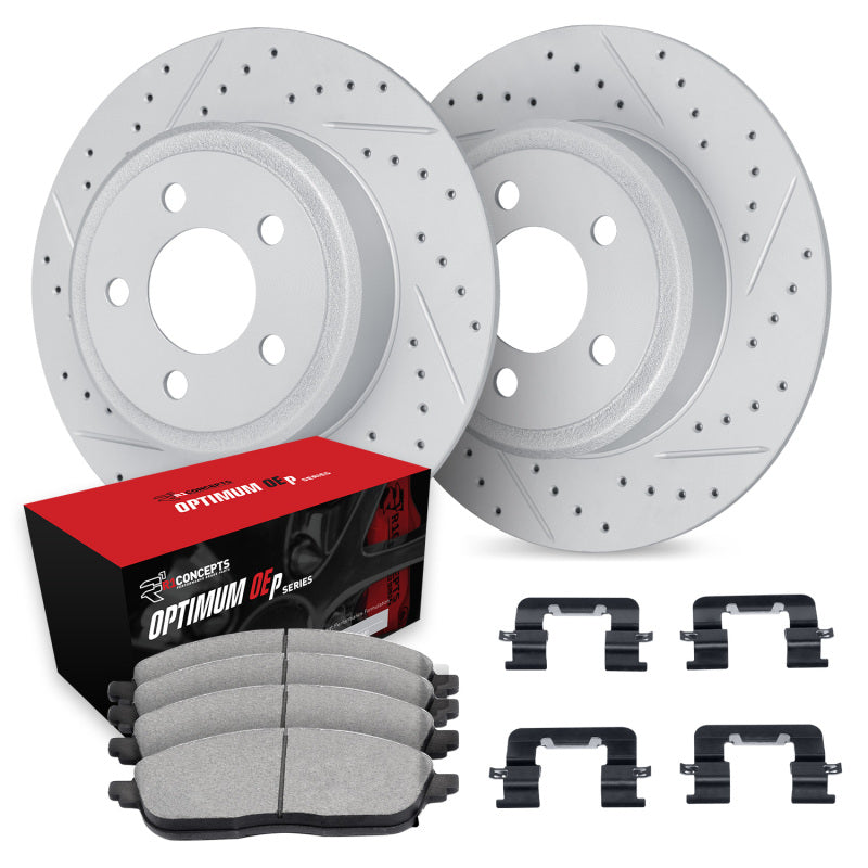 R1 Concepts R1 14-19 Hyundai Tucson Rear Drill/Slot Carbon Coated Rotor Set w/Optimum Pads