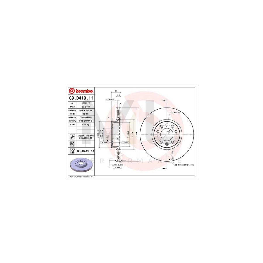 BREMBO 09.D419.11 Brake Disc Internally Vented, Coated, High-carbon, with bolts/screws | ML Performance Car Parts