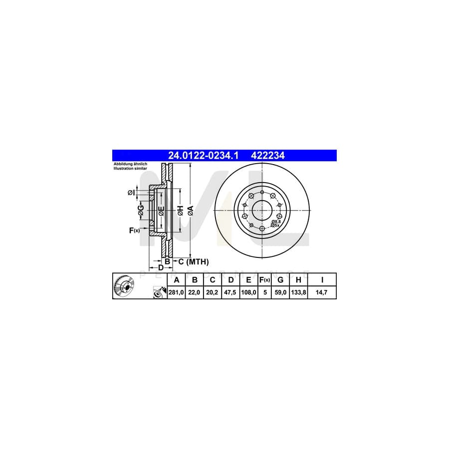 ATE 24.0122-0234.1 Brake Disc for LANCIA Thesis (841) Vented, Coated  - 1 piece