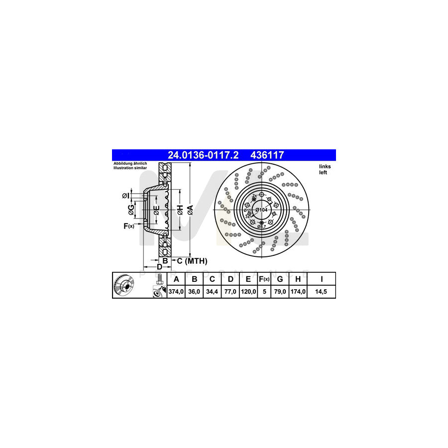 ATE 24.0136-0117.2 Brake Disc Perforated / Vented, Two-piece brake disc, Coated, High-carbon, with bolts/screws