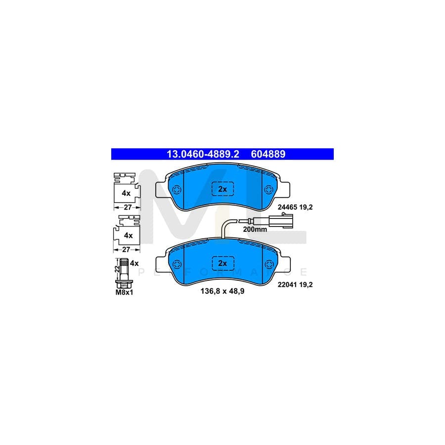 ATE 13.0460-4889.2 Brake pad set incl. wear warning contact, with brake caliper screws, with accessories