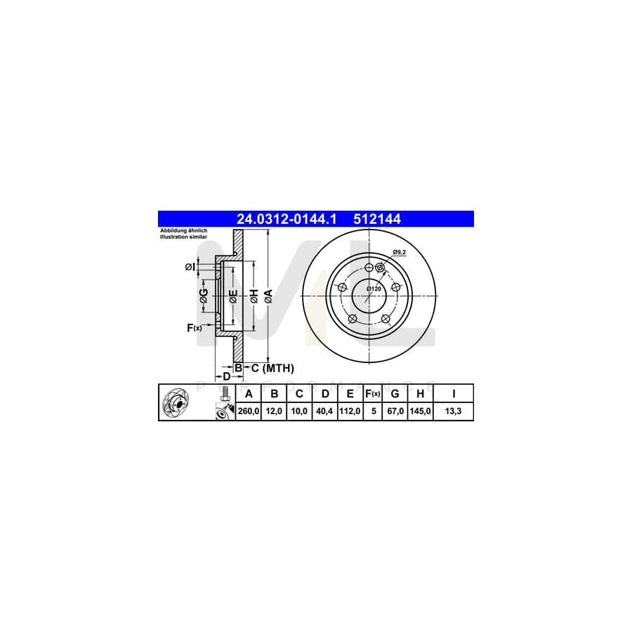 ATE PowerDisc 24.0312-0144.1 Brake Disc suitable for MERCEDES-BENZ A-Class (W168) Solid, Coated, Alloyed / High-carbon, with bolts/screws  - 1 piece