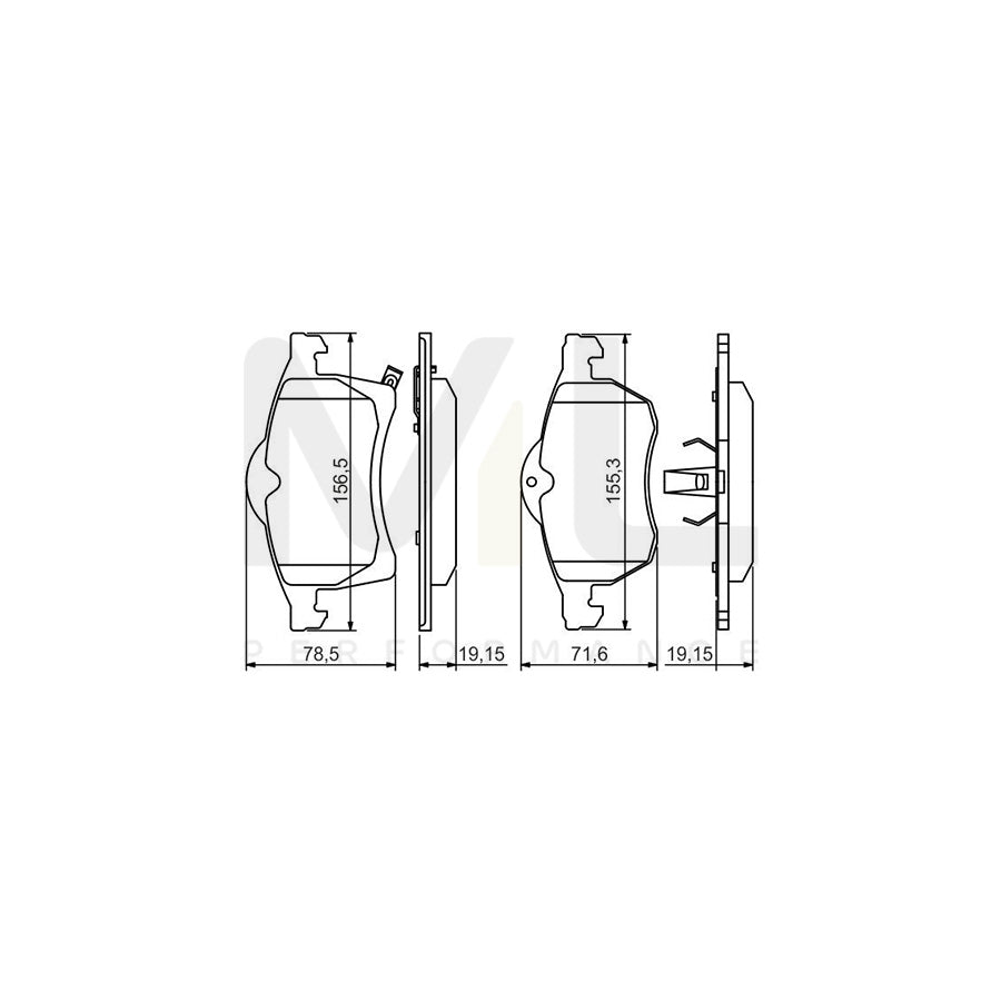 Bosch 0986494509 Brake Pad Set With Acoustic Wear Warning, With Anti-Squeak Plate, With Piston Clip BP1430 | ML Performance Car Parts