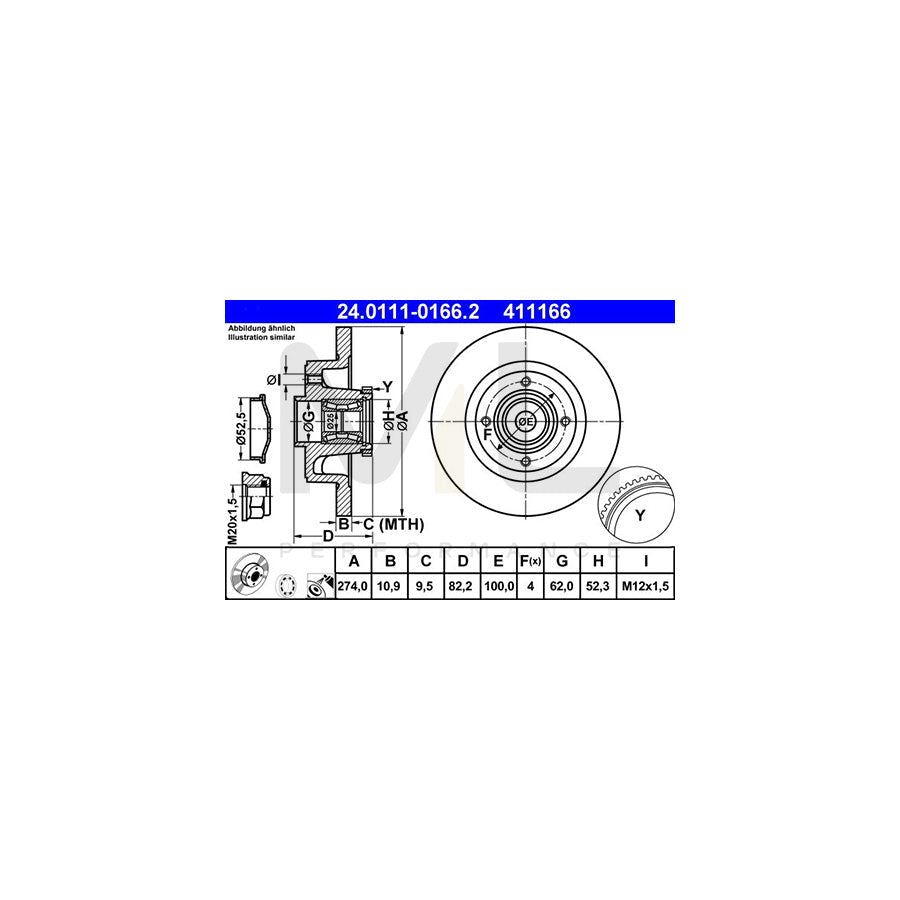 ATE 24.0111-0166.2 Brake Disc Solid, Coated, with ABS sensor ring, with wheel bearing  - 1 piece