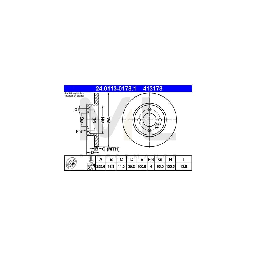 ATE 24.0113-0178.1 Brake Disc Solid, Coated, with bolts/screws  - 1 piece