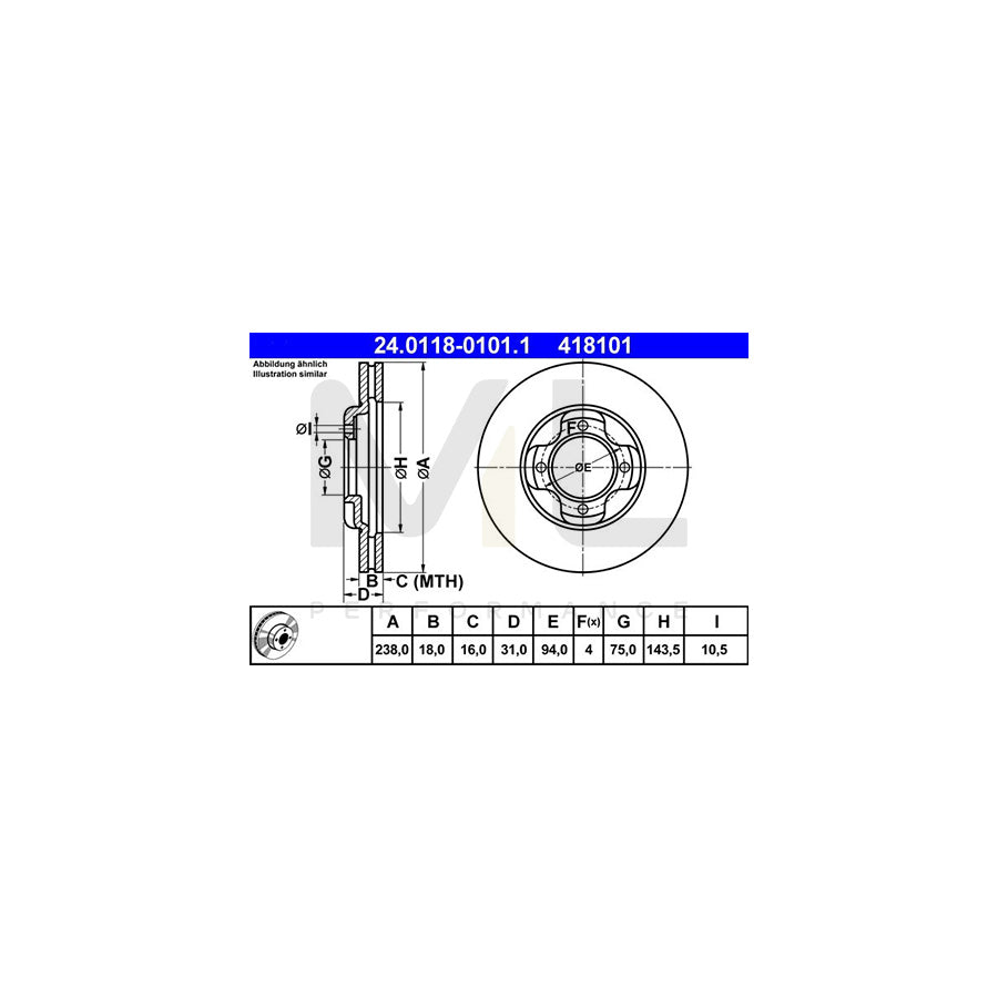 ATE 24.0118-0101.1 Brake Disc for MAZDA 323 Vented  - 1 piece