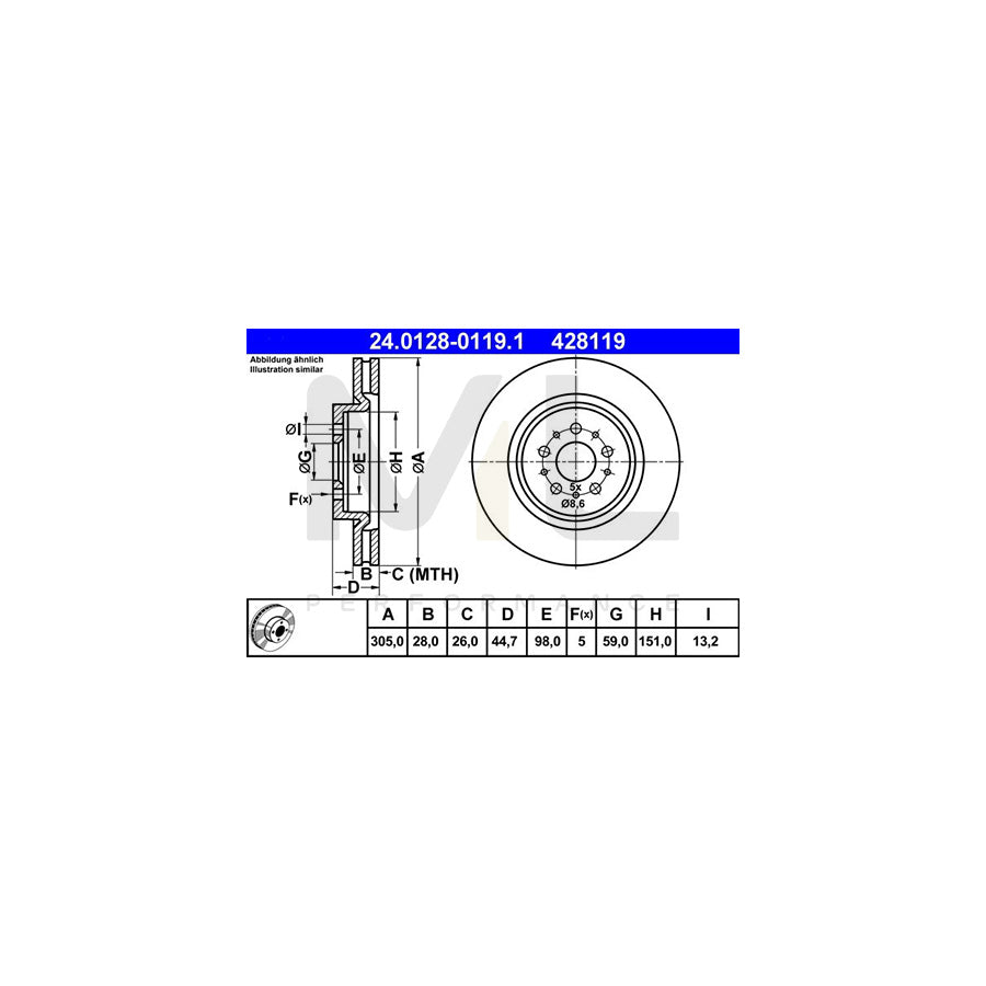 ATE 24.0128-0119.1 Brake Disc Vented  - 1 piece