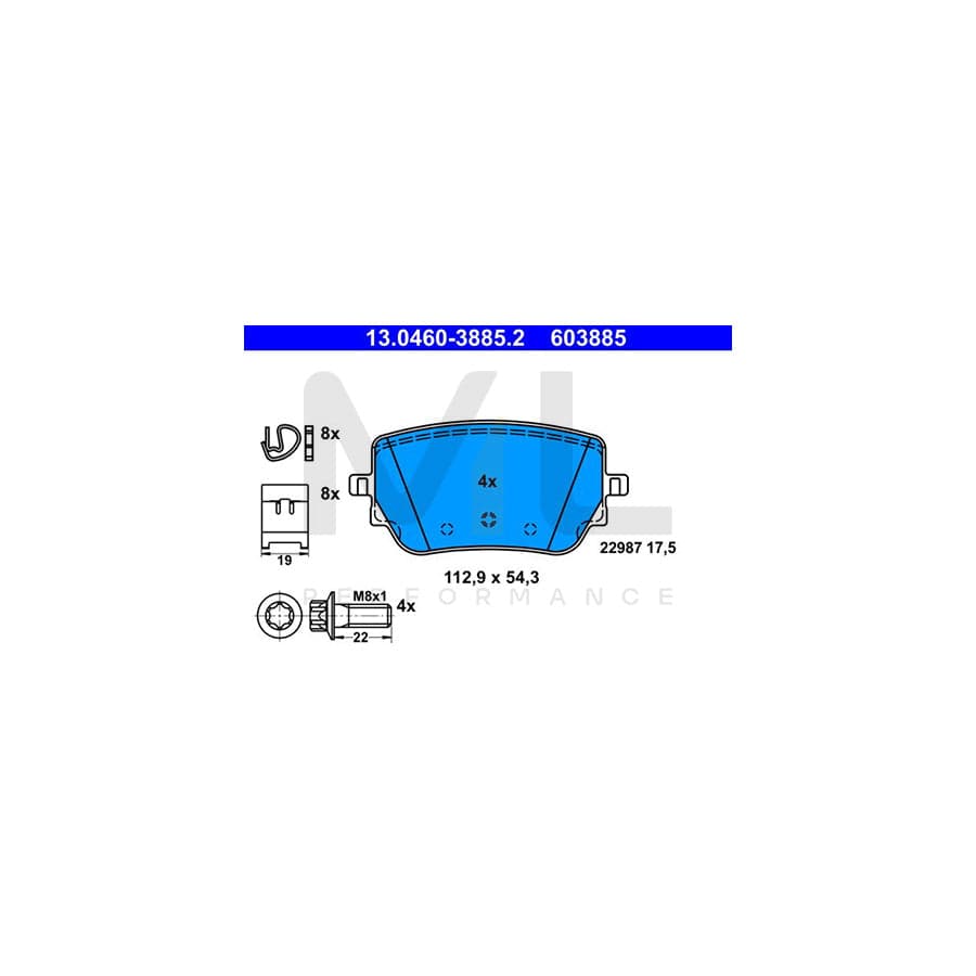 ATE 13.0460-3885.2 Brake pad set excl. wear warning contact, not prepared for wear indicator, with brake caliper screws, with accessories