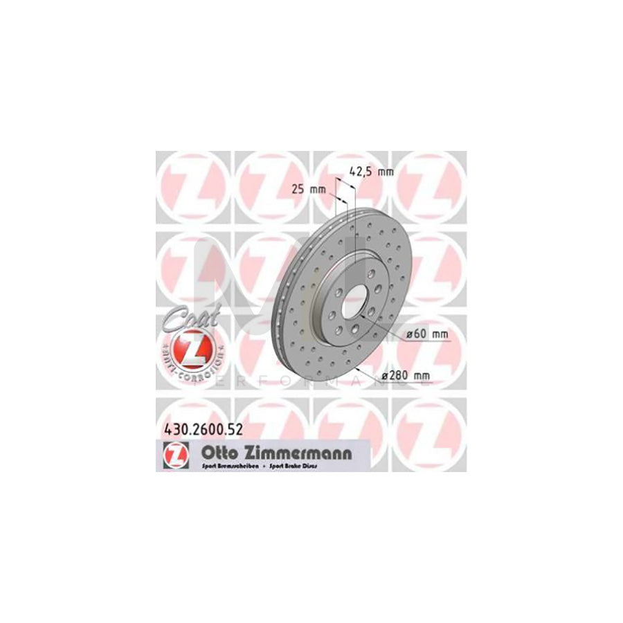 ZIMMERMANN SPORT COAT Z 430.2600.52 Brake Disc Internally Vented, Perforated, Coated, High-carbon  - 1 piece