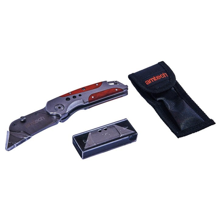 Amtech Folding Lock-Back Utility Knife - Wooden Grip