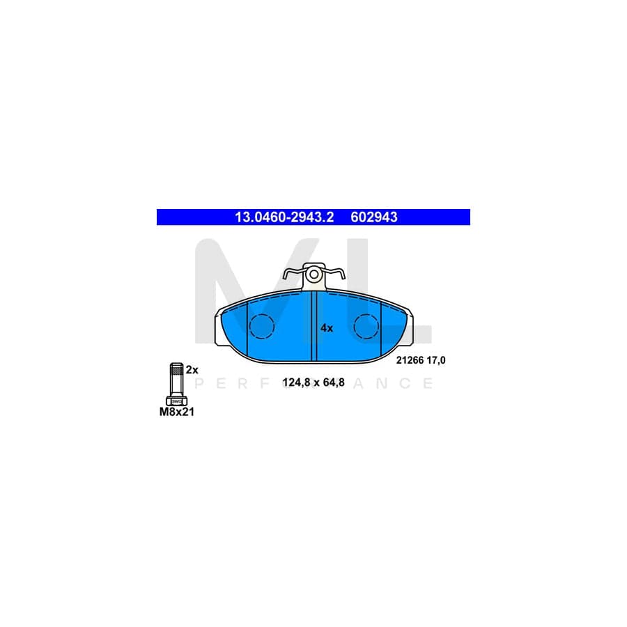 ATE 13.0460-2943.2 Brake pad set excl. wear warning contact, with brake caliper screws