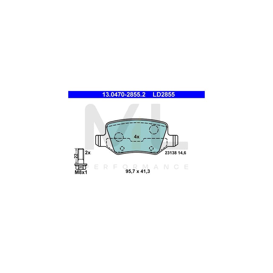 ATE Ceramic 13.0470-2855.2 Brake pad set excl. wear warning contact, not prepared for wear indicator, with brake caliper screws
