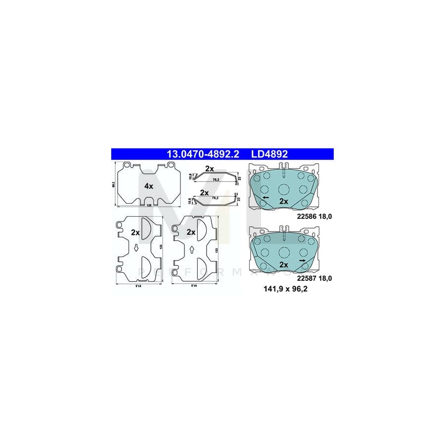 ATE 13.0470-4892.2 Brake pad set excl. wear warning contact, prepared for wear indicator, with anti-squeak plate, with accessories