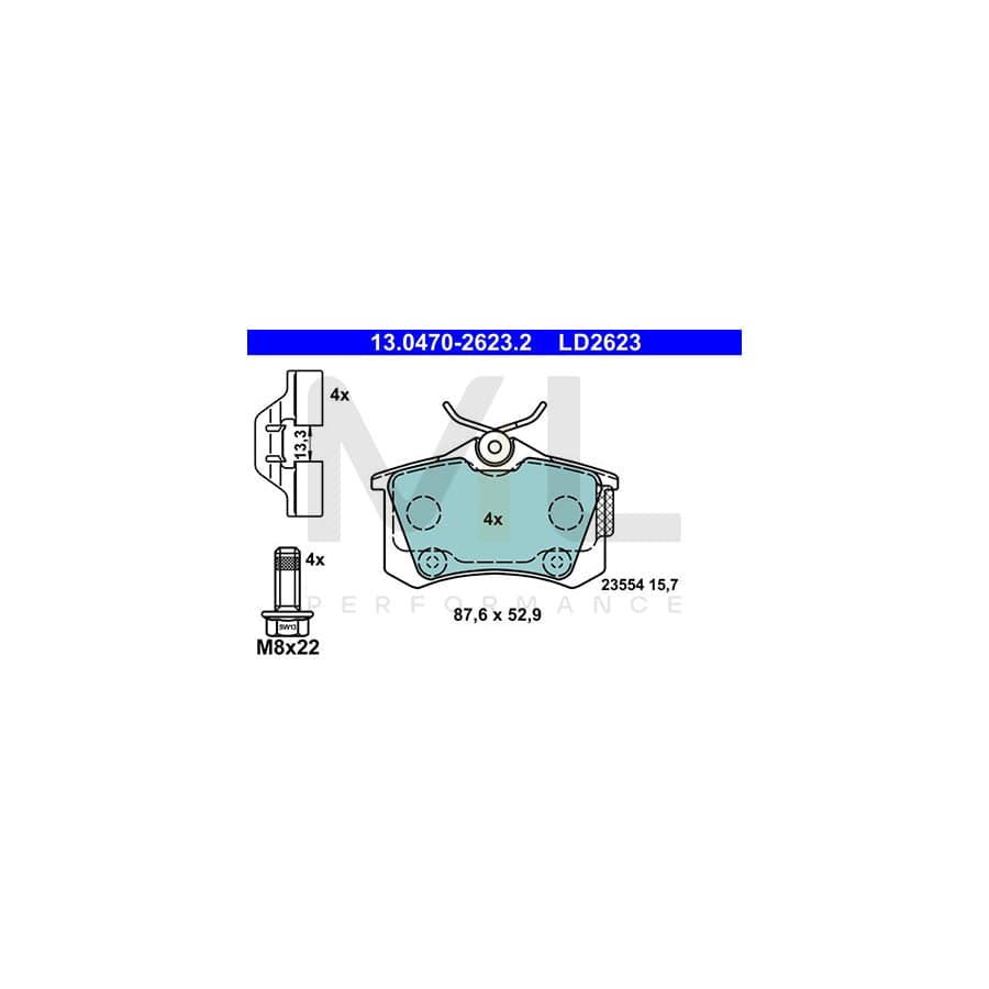 ATE 13.0470-2623.2 Brake pad set excl. wear warning contact, not prepared for wear indicator, with brake caliper screws, with accessories