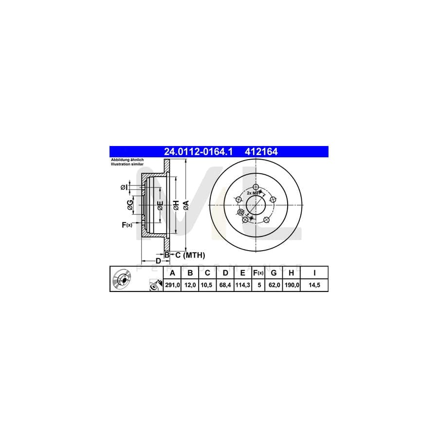 ATE 24.0112-0164.1 Brake Disc Solid, Coated  - 1 piece