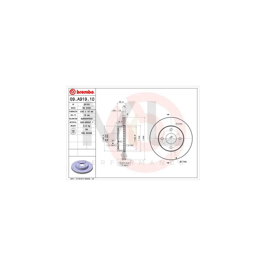 BREMBO 09.A919.10 Brake Disc for NISSAN Micra II Hatchback (K11) Internally Vented | ML Performance Car Parts