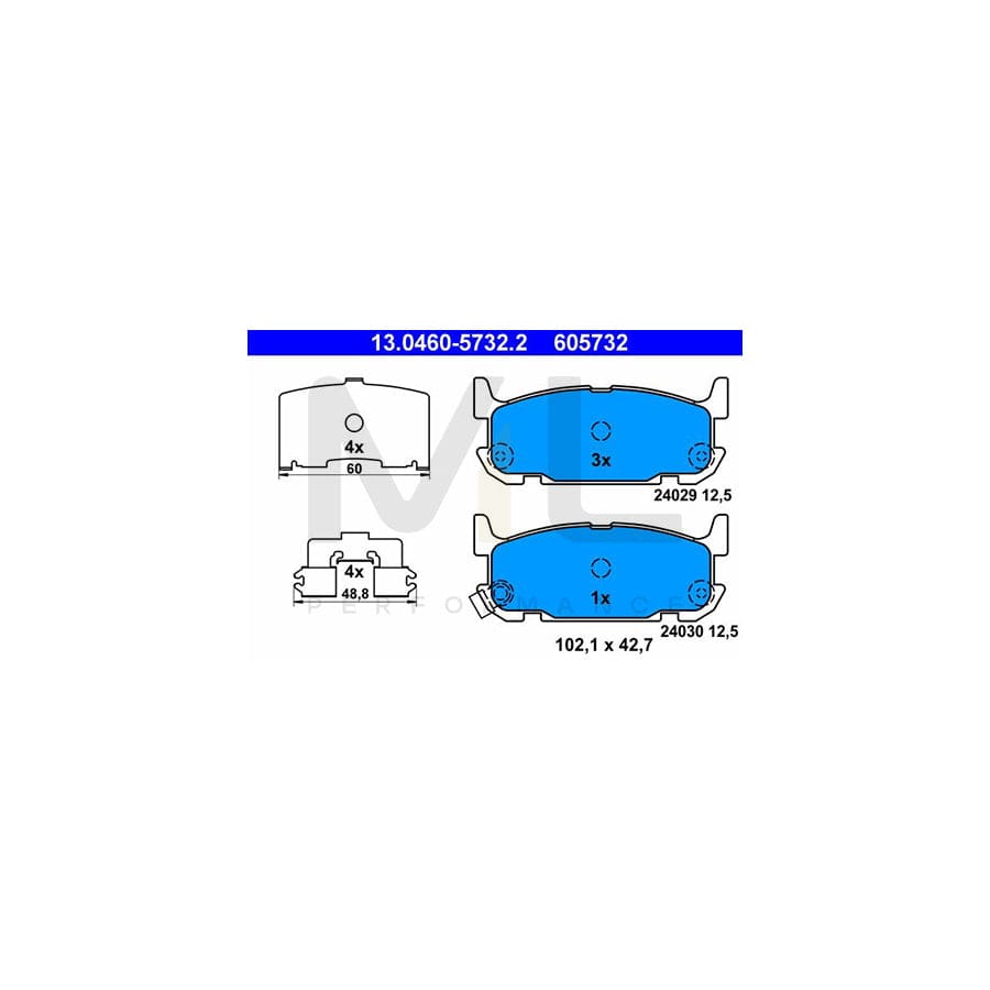 ATE 13.0460-5732.2 Brake pad set for MAZDA MX-5 II (NB) with acoustic wear warning, with anti-squeak plate, with accessories