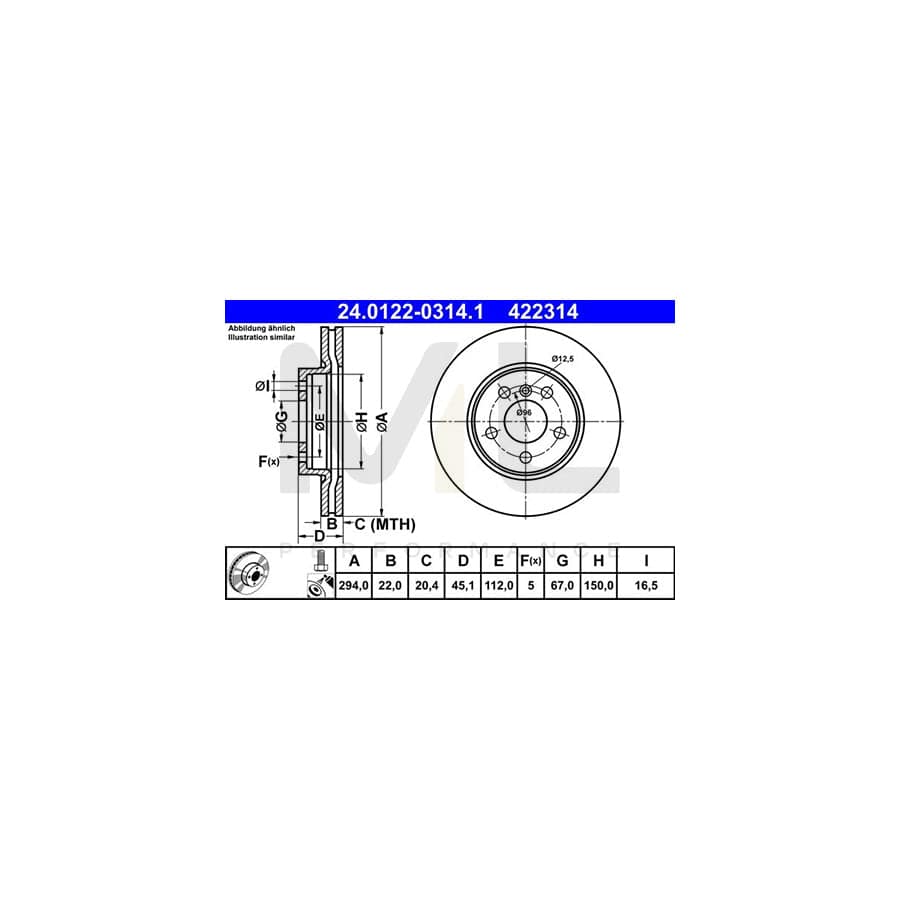 ATE 24.0122-0314.1 Brake Disc Vented, Coated, High-carbon, with bolts/screws  - 1 piece