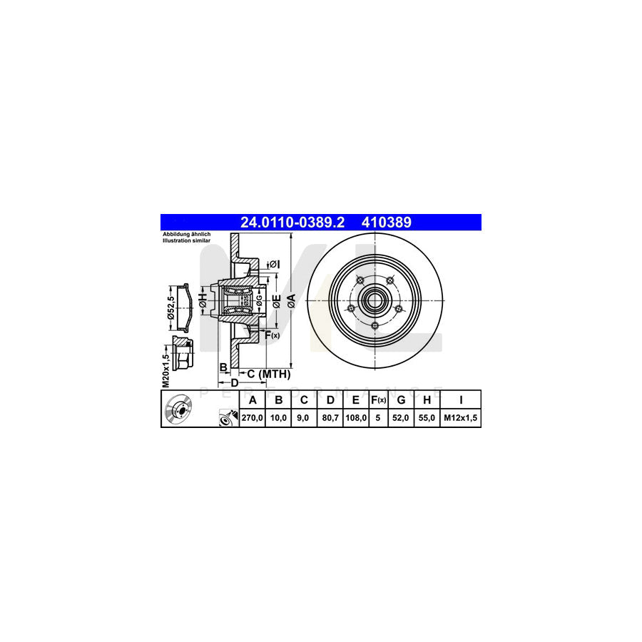 ATE 24.0110-0389.2 Brake Disc Solid, Coated, with ABS sensor ring, with wheel bearing  - 1 piece