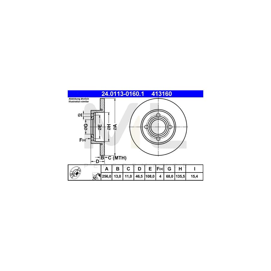 ATE 24.0113-0160.1 Brake Disc Solid, Coated  - 1 piece