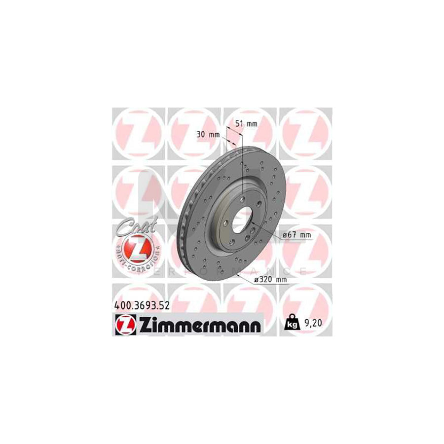 ZIMMERMANN 400.3693.52 Brake Disc Internally Vented, Perforated, Coated, High-carbon  - 1 piece