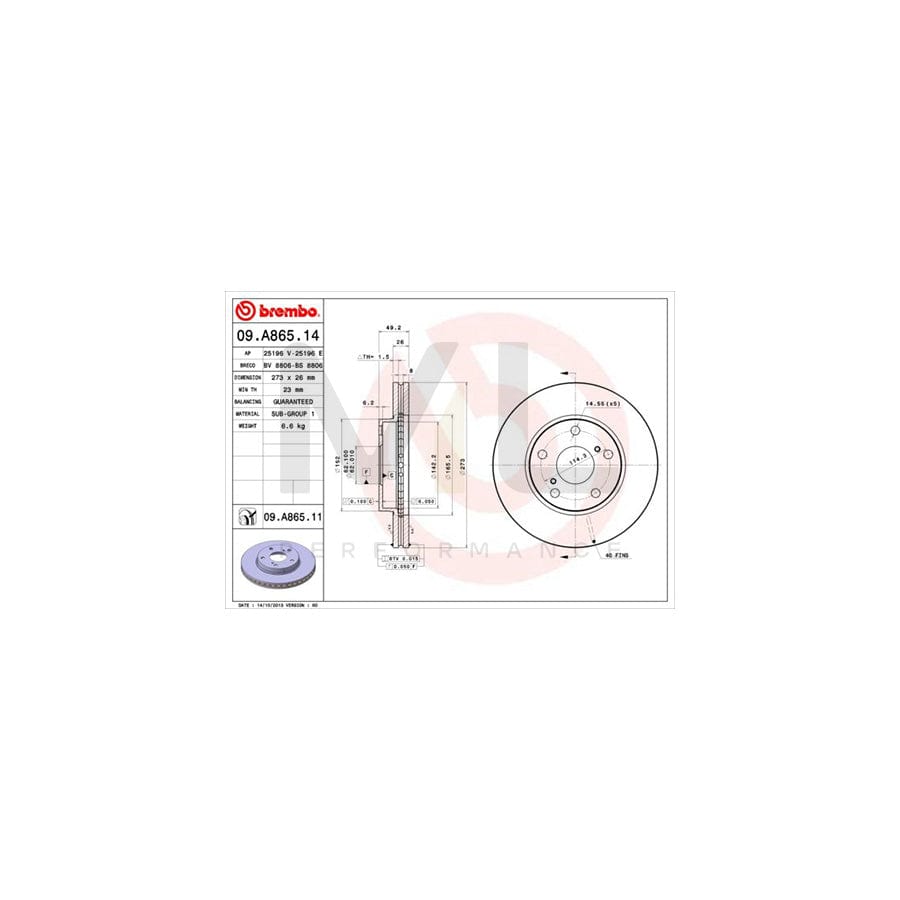BREMBO 09.A865.14 Brake Disc Internally Vented | ML Performance Car Parts