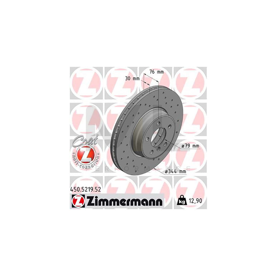 ZIMMERMANN 450.5219.52 Brake Disc for LAND ROVER Range Rover III (L322) Internally Vented, Perforated, Coated, High-carbon  - 1 piece