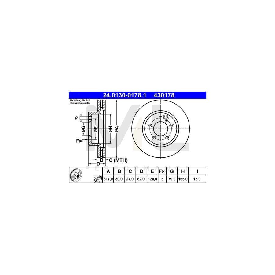 ATE 24.0130-0178.1 Brake Disc Vented, Coated  - 1 piece