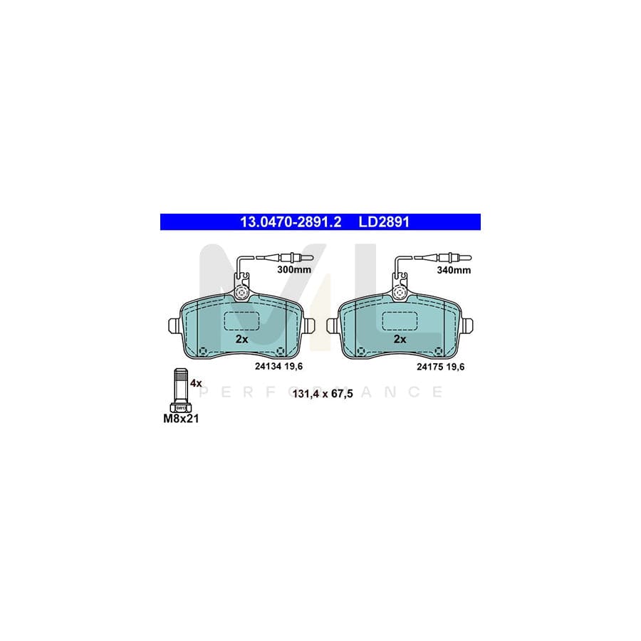 ATE Ceramic 13.0470-2891.2 Brake pad set for PEUGEOT 407 incl. wear warning contact, with brake caliper screws