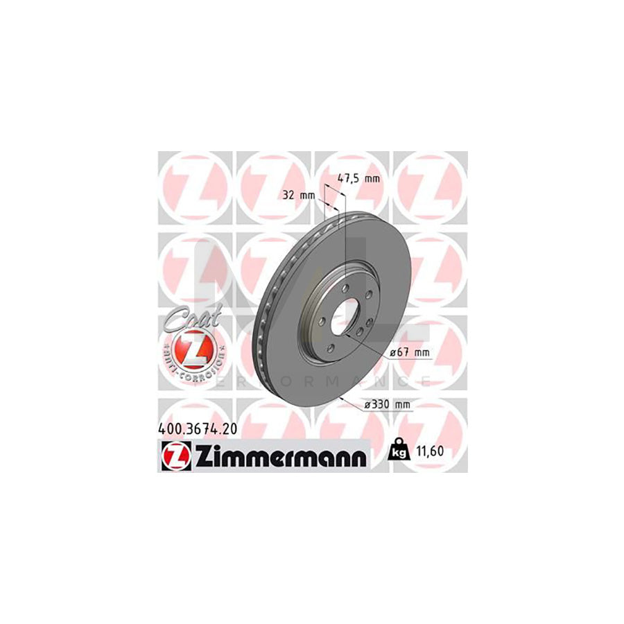 ZIMMERMANN COAT Z 400.3674.20 Brake Disc suitable for MERCEDES-BENZ E-Class Internally Vented, Coated, High-carbon  - 1 piece