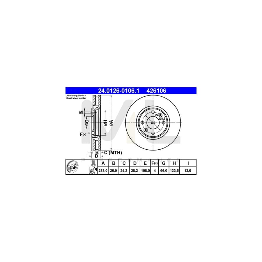 ATE 24.0126-0106.1 Brake Disc Vented, Coated, with bolts/screws  - 1 piece