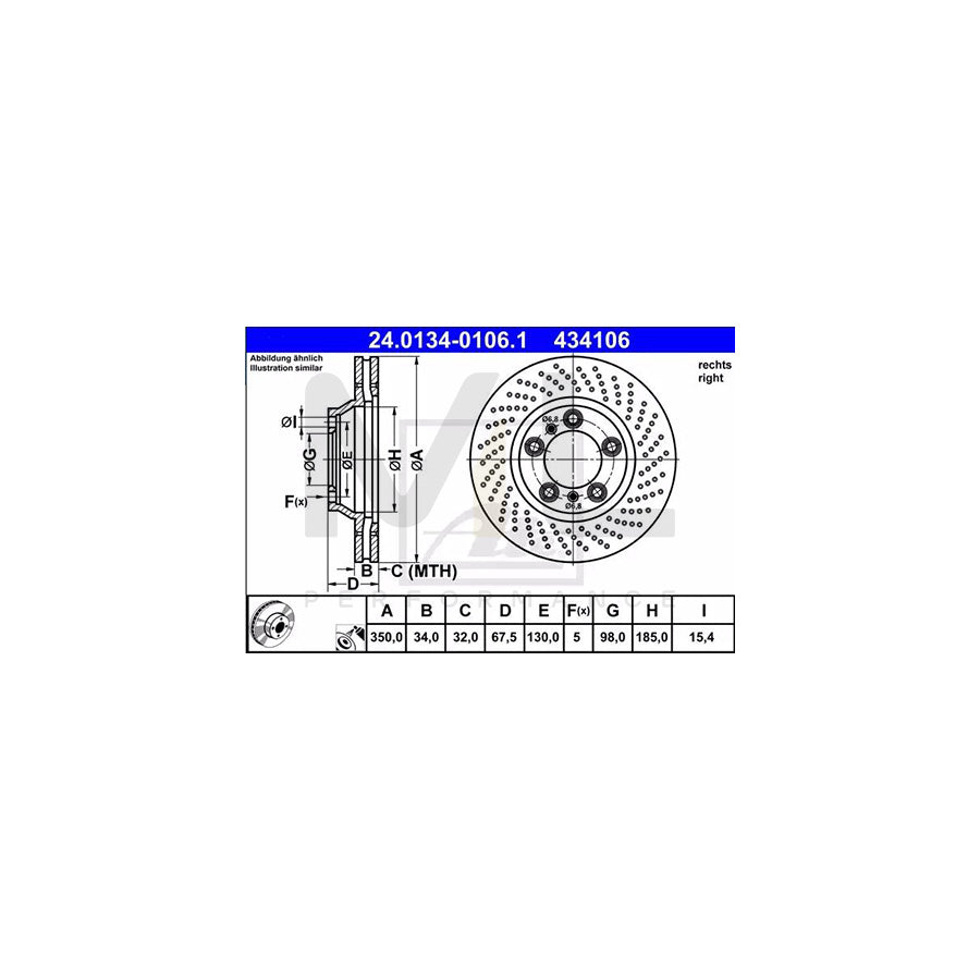 ATE 24.0134-0106.1 Brake Disc for PORSCHE 911 Coupe (997) Perforated / Vented, Coated, Alloyed / High-carbon